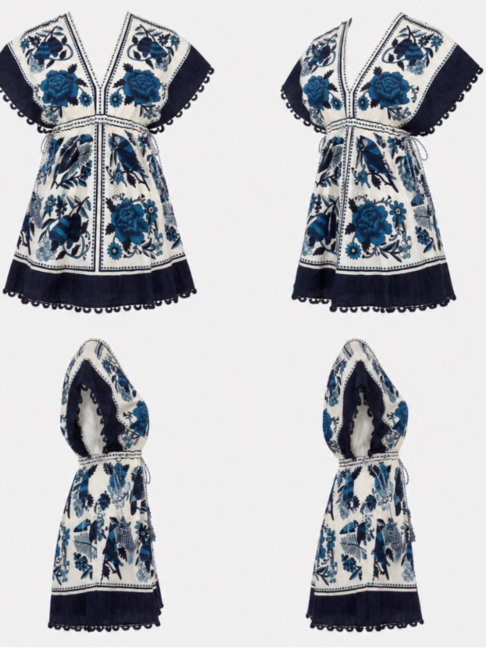 Farm Rio tropical blue white bird floral block print mini dress tassels Resort M - Picture 9 of 9